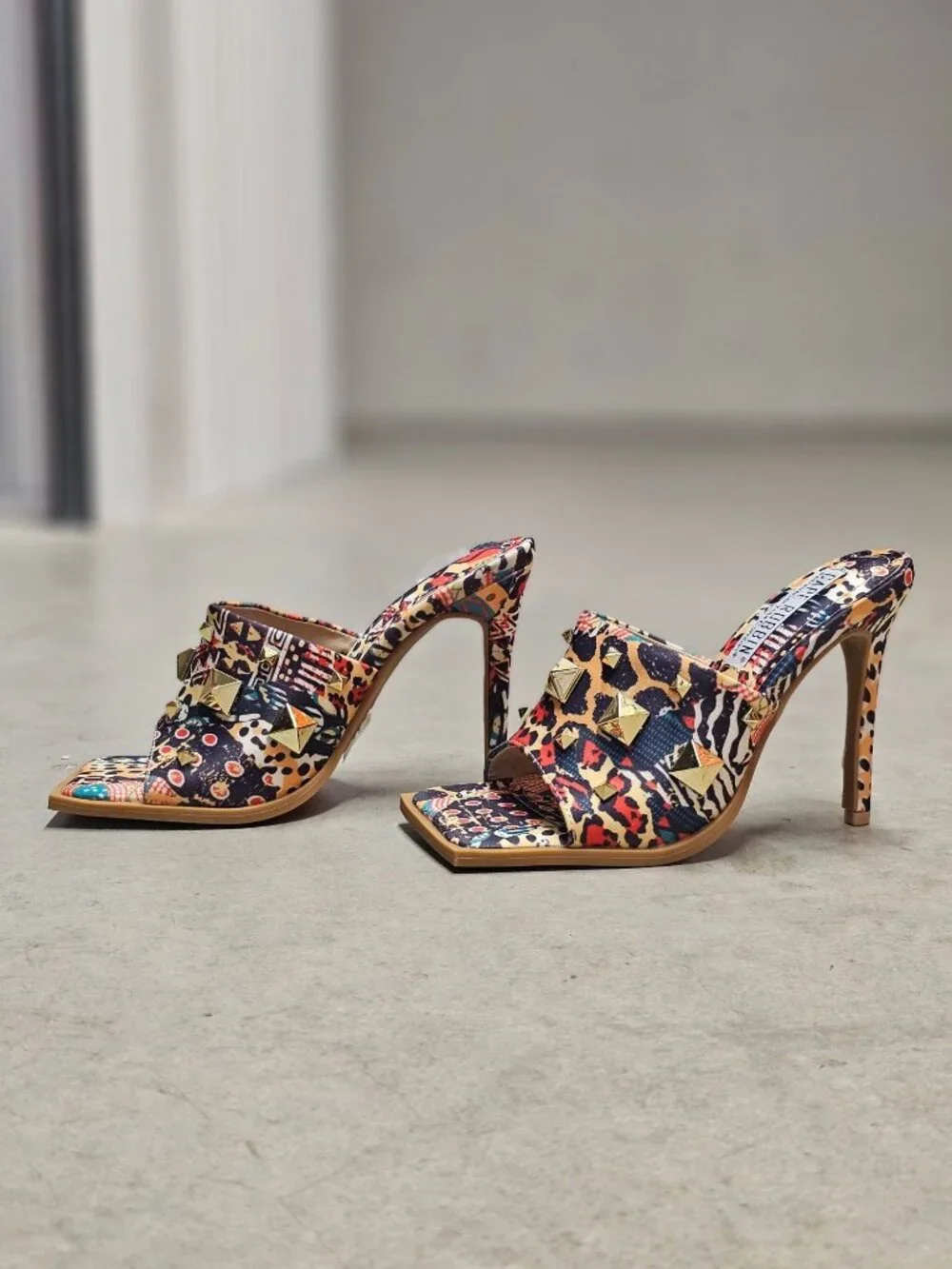 Cape Robbin Gold Studded Multicolor Printed High Heel Mules With Open Toe Womens - Picture 13 of 14